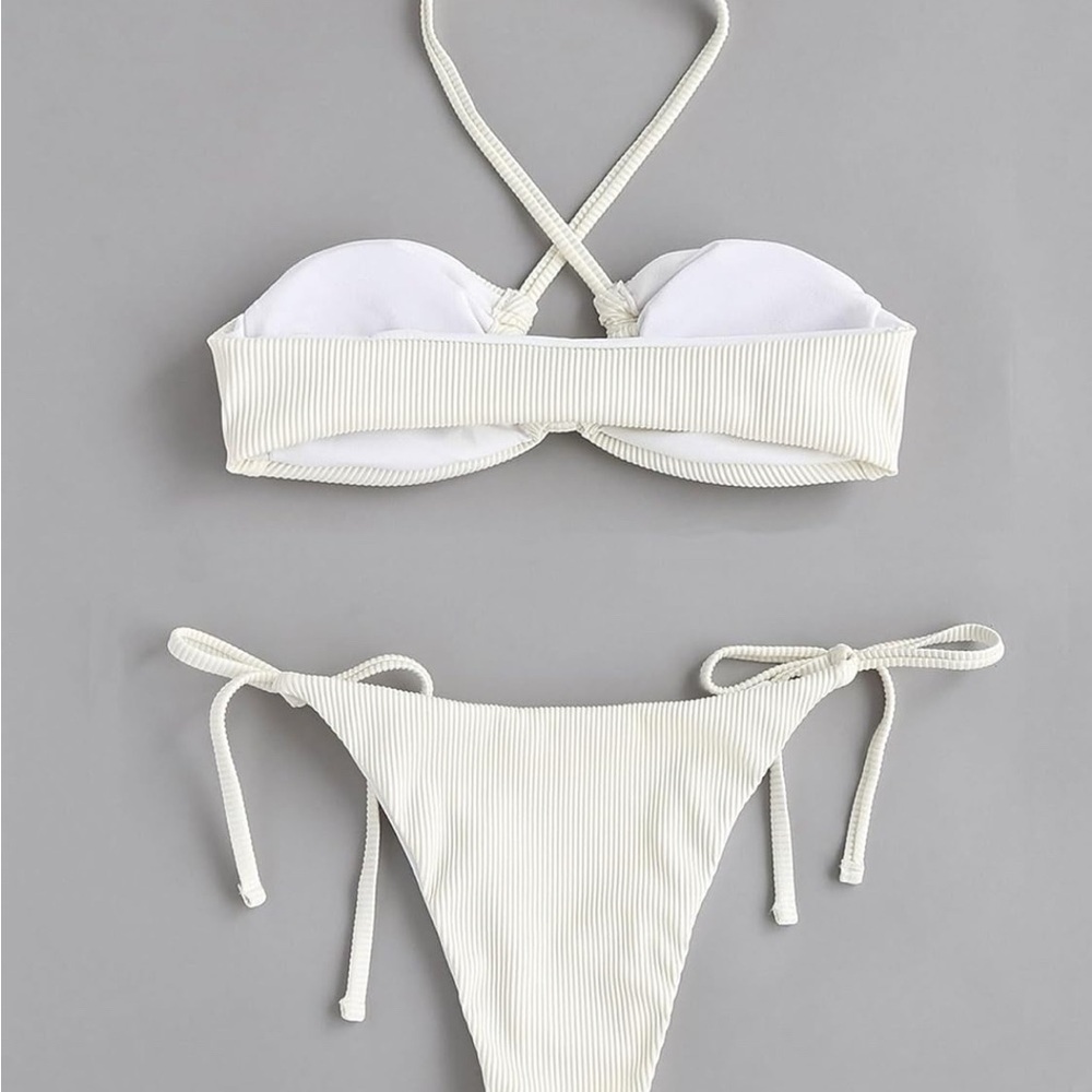 White Halter Rib Lace up Bikini Set - Picture 2 of 5